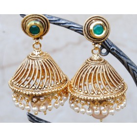 Emerald Studded Pearl Jhumkas